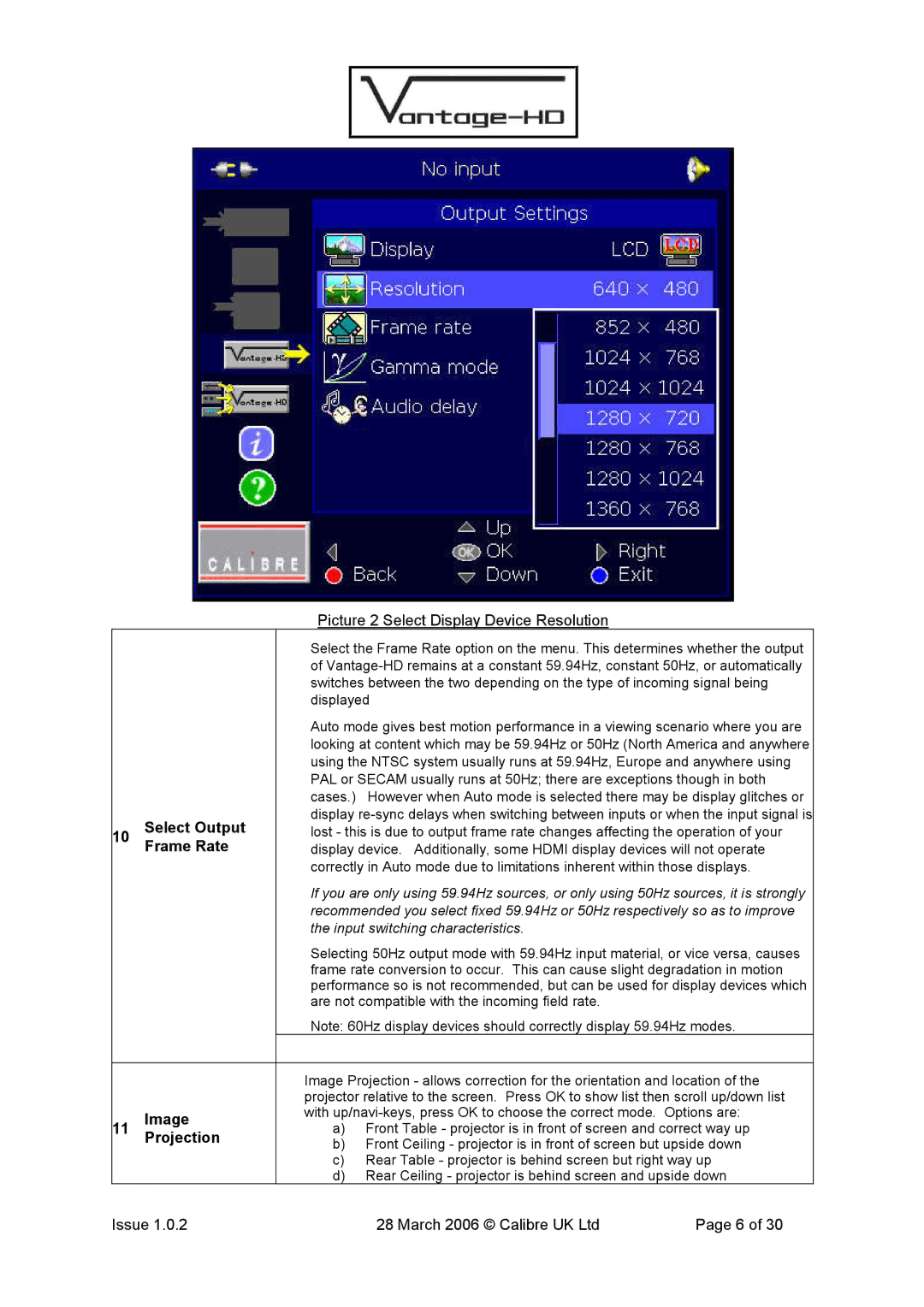 Calibre UK VANTAGE-HD manual Select Output, Frame Rate, Image, Projection 