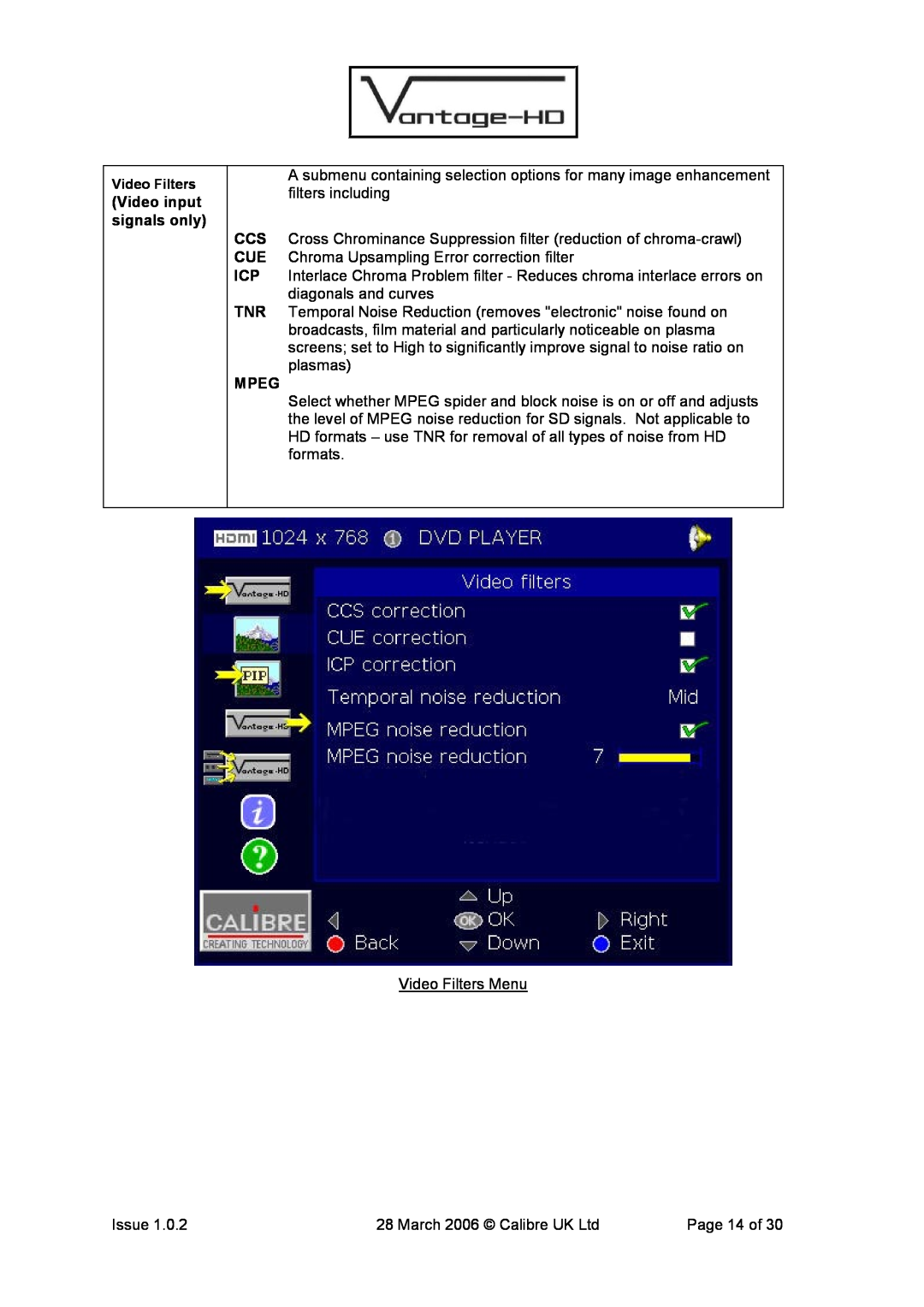 Calibre UK VANTAGE-HD manual Video input signals only, Mpeg 