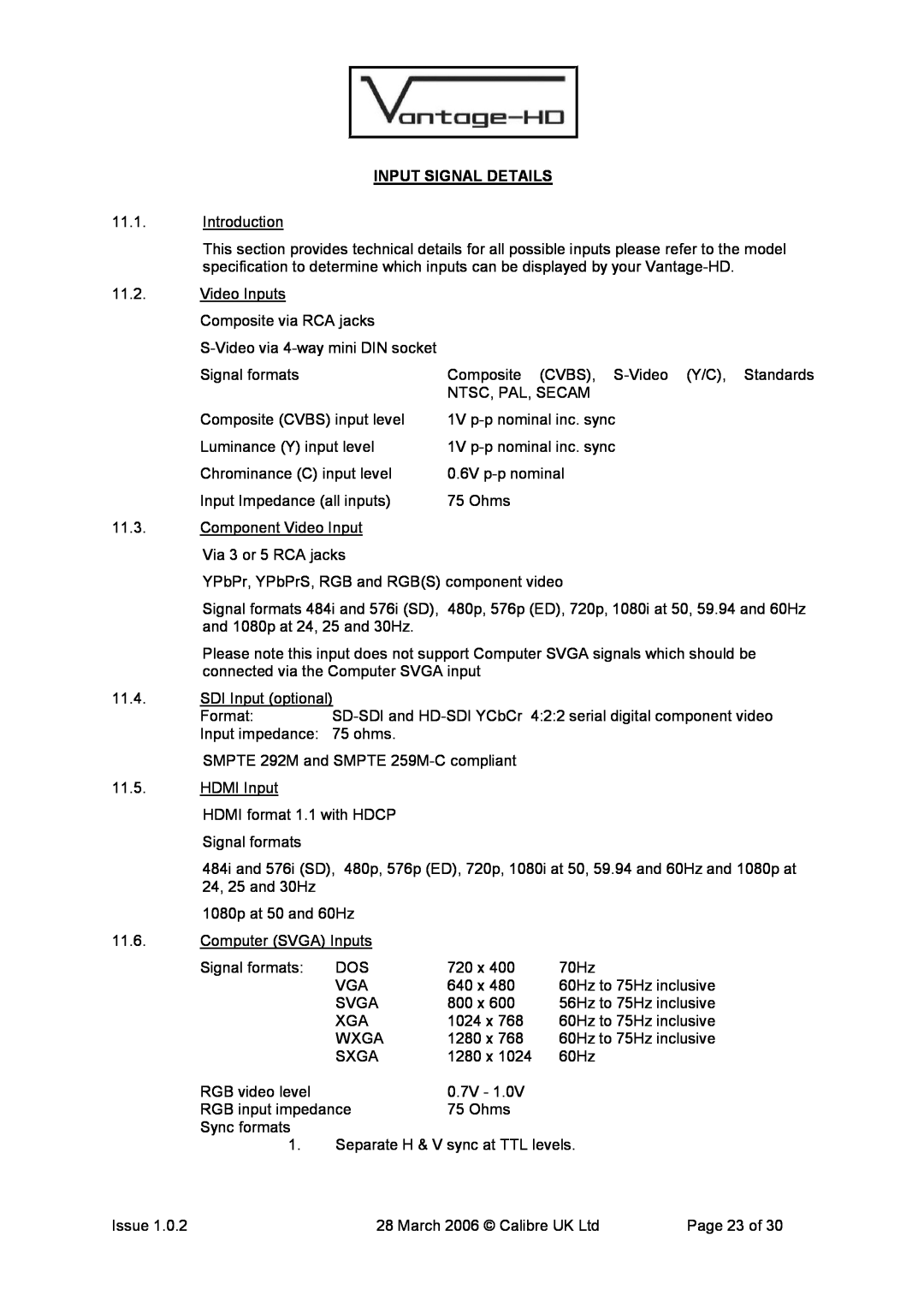 Calibre UK VANTAGE-HD manual Input Signal Details 