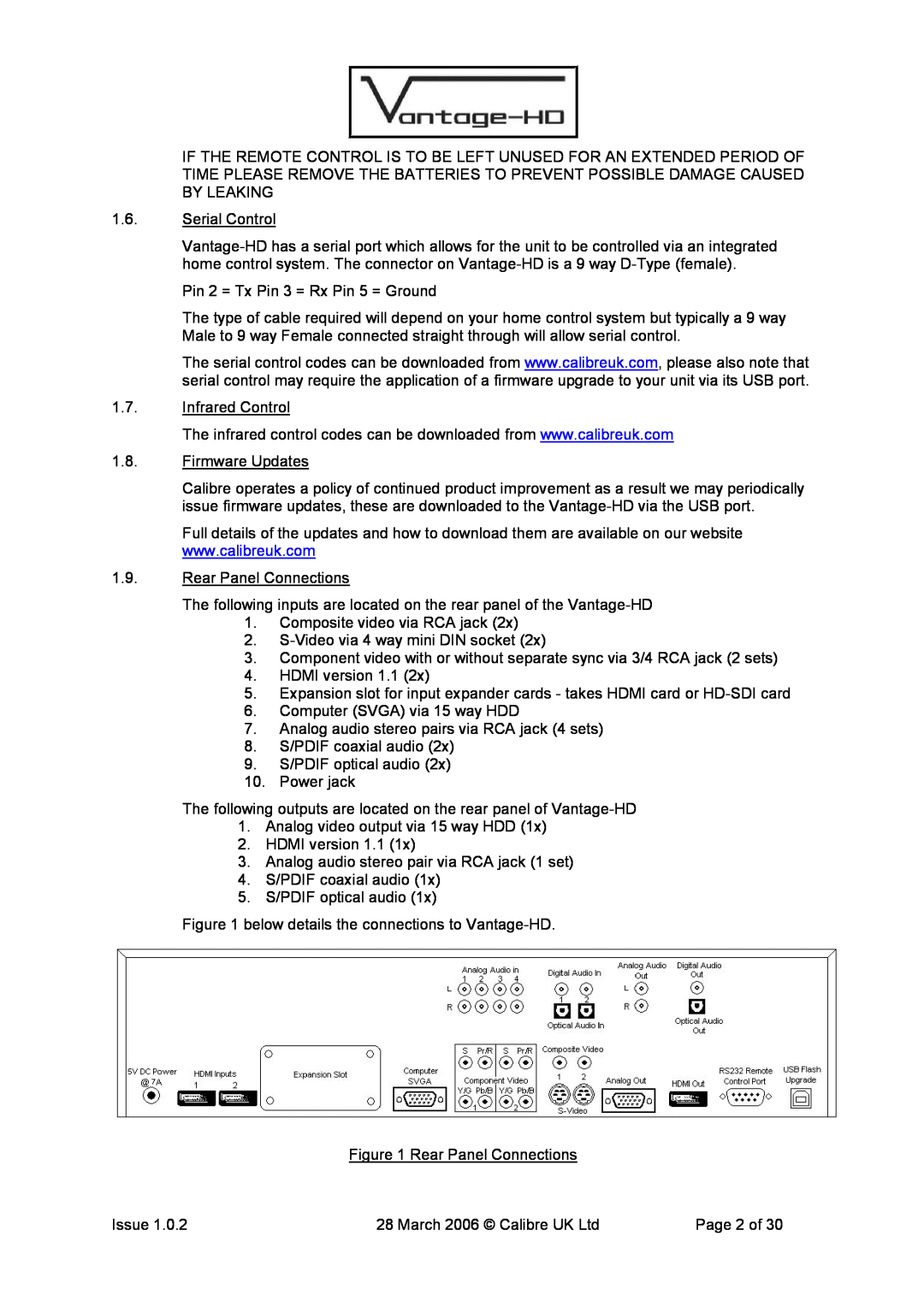 Calibre UK VANTAGE-HD Serial Control, Pin 2 = Tx Pin 3 = Rx Pin 5 = Ground, Infrared Control, Firmware Updates, Power jack 