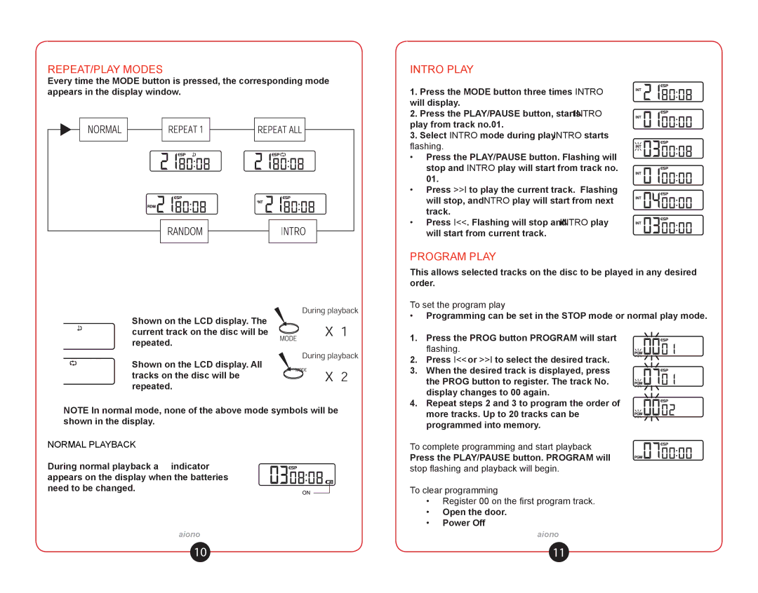 Califone 01 0810 user manual REPEAT/PLAY Modes, Intro Play, Program Play, Normal Playback, To set the program play 