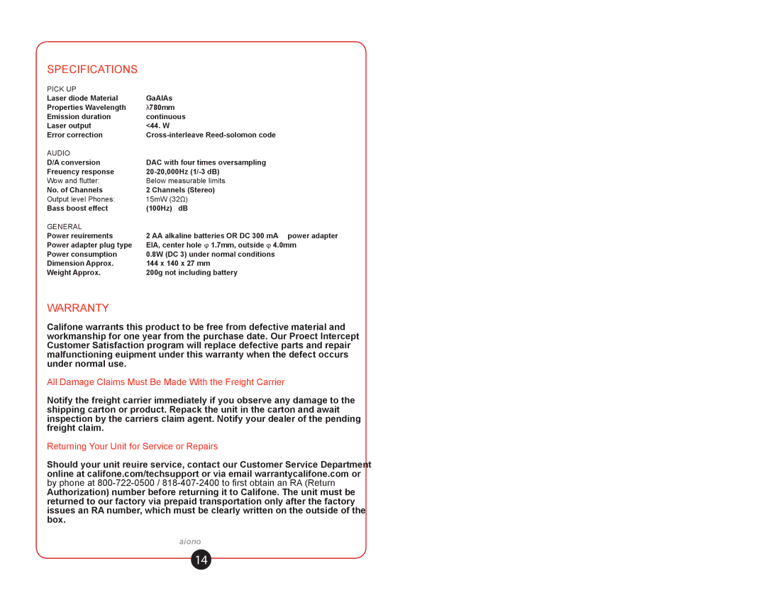 Califone 01 0810 user manual Specifications, Warranty 