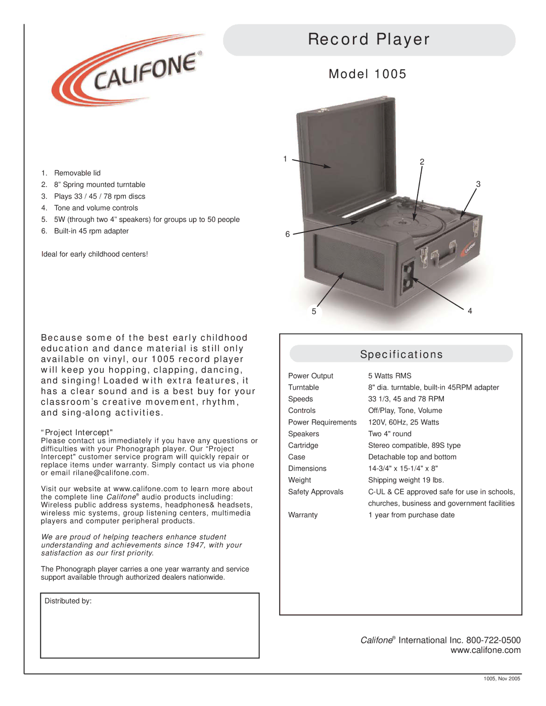 Califone 1005 specifications Record Player, Model, Specifications 