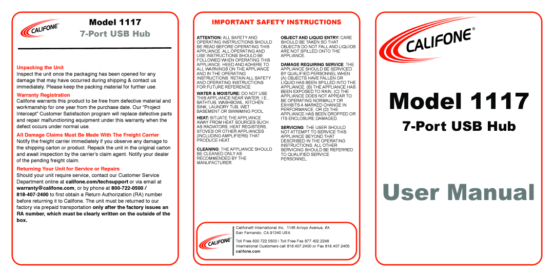 Califone 1117 operating instructions Unpacking the Unit, Warranty Registration, Returning Your Unit for Service or Repairs 