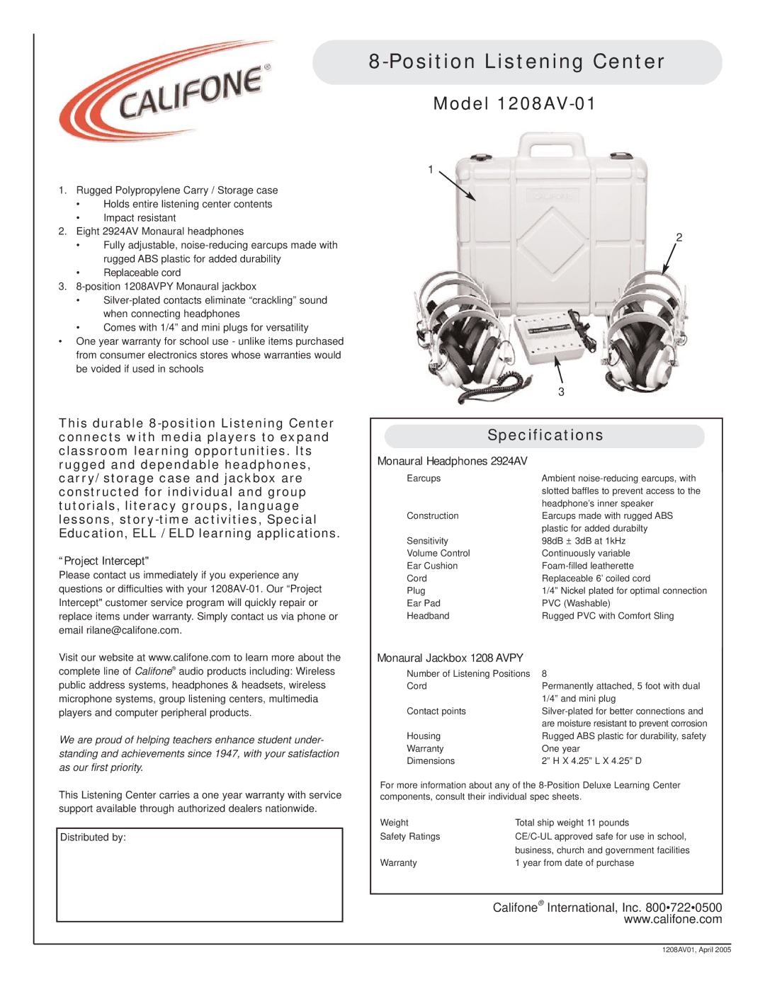 Califone specifications Position Listening Center, Model 1208AV-01, Specifications 