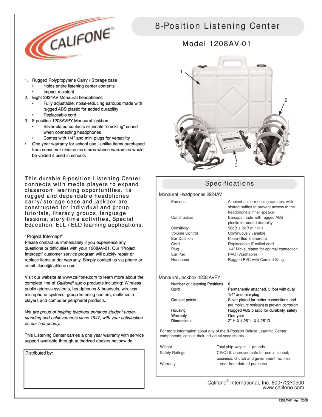 Califone specifications PositionListening Center, Model 1208AV-01, Specifications, Califone International, Inc 