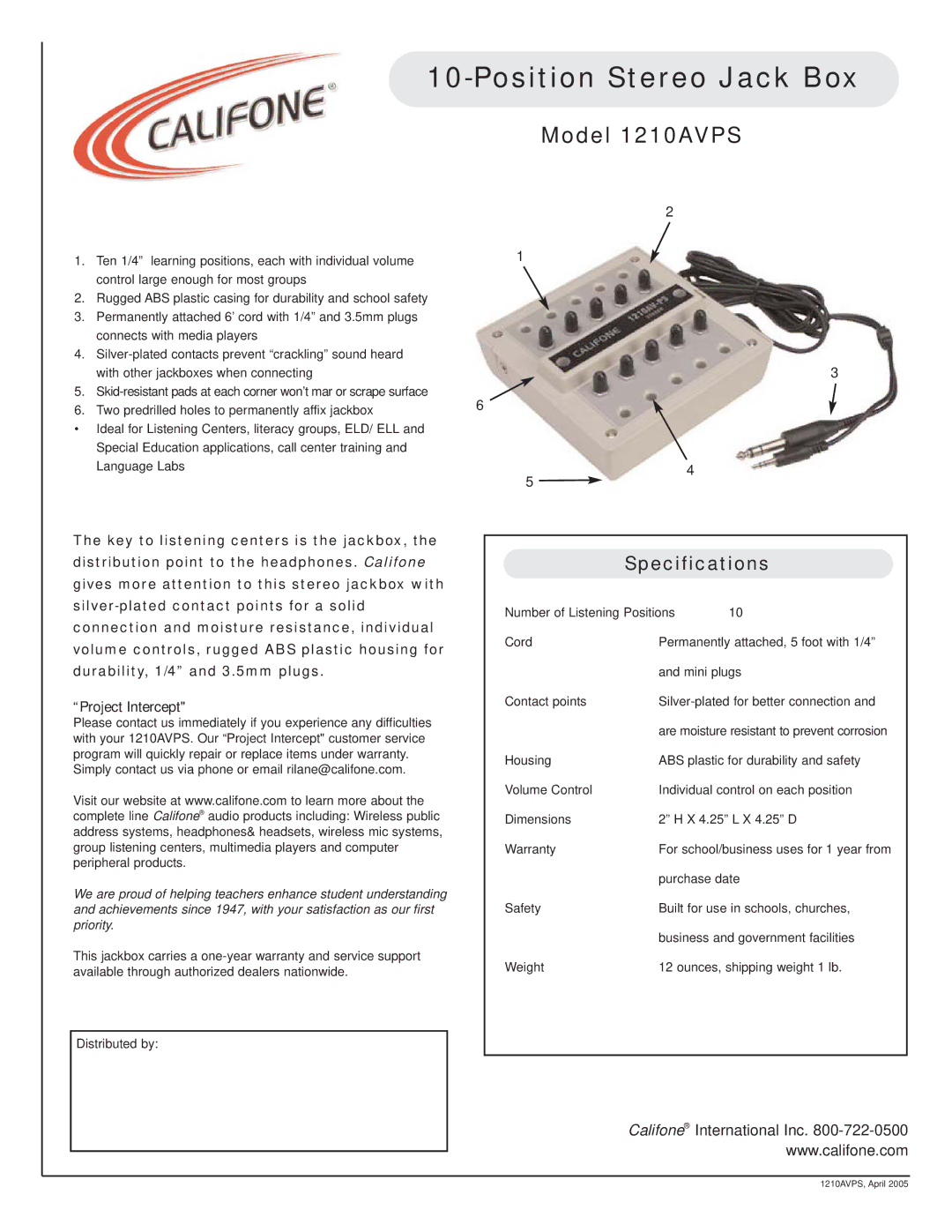 Califone specifications Position Stereo Jack Box, Model 1210AVPS, Specifications, Project Intercept 