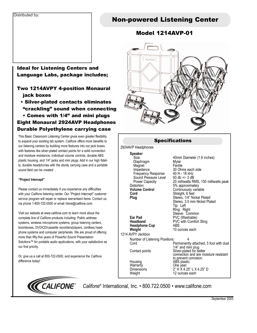 Califone specifications Non-powered Listening Center, Model 1214AVP-01, Specifications 