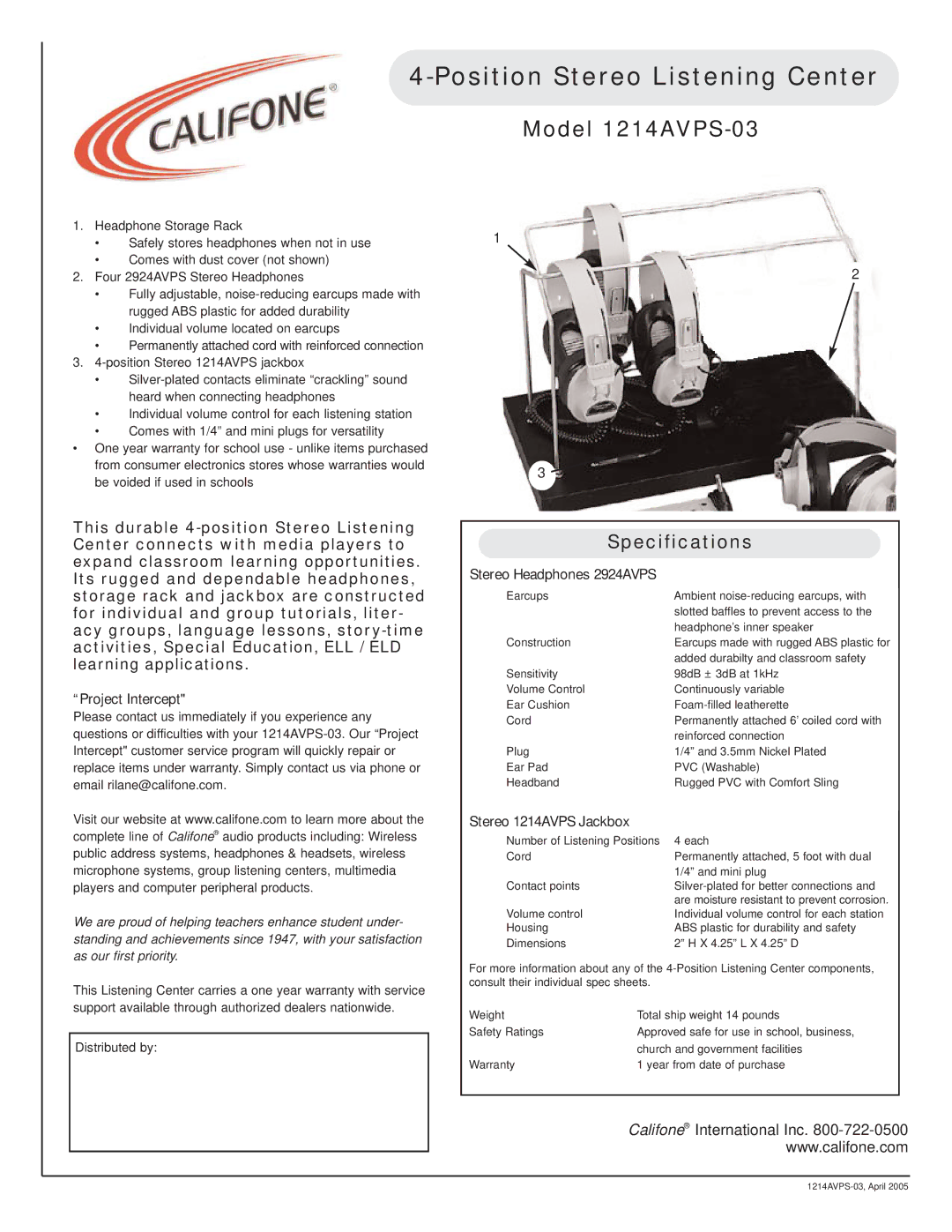 Califone specifications Position Stereo Listening Center, Model 1214AVPS-03, Specifications 