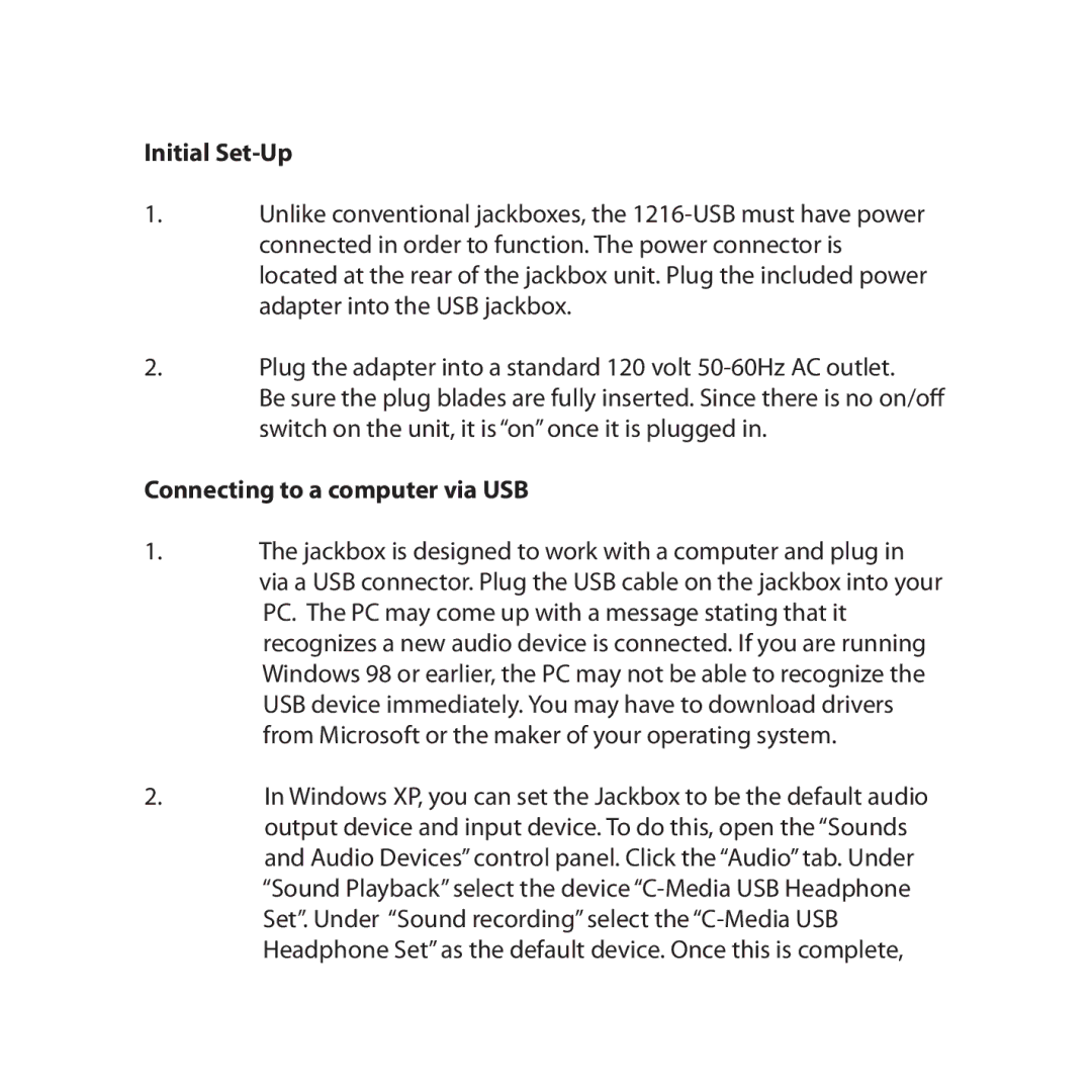 Califone 1216-USB owner manual Initial Set-Up, Connecting to a computer via USB 