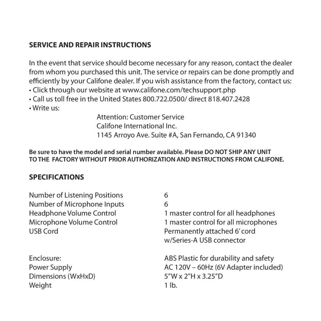 Califone 1216-USB owner manual Service and Repair Instructions, Specifications 