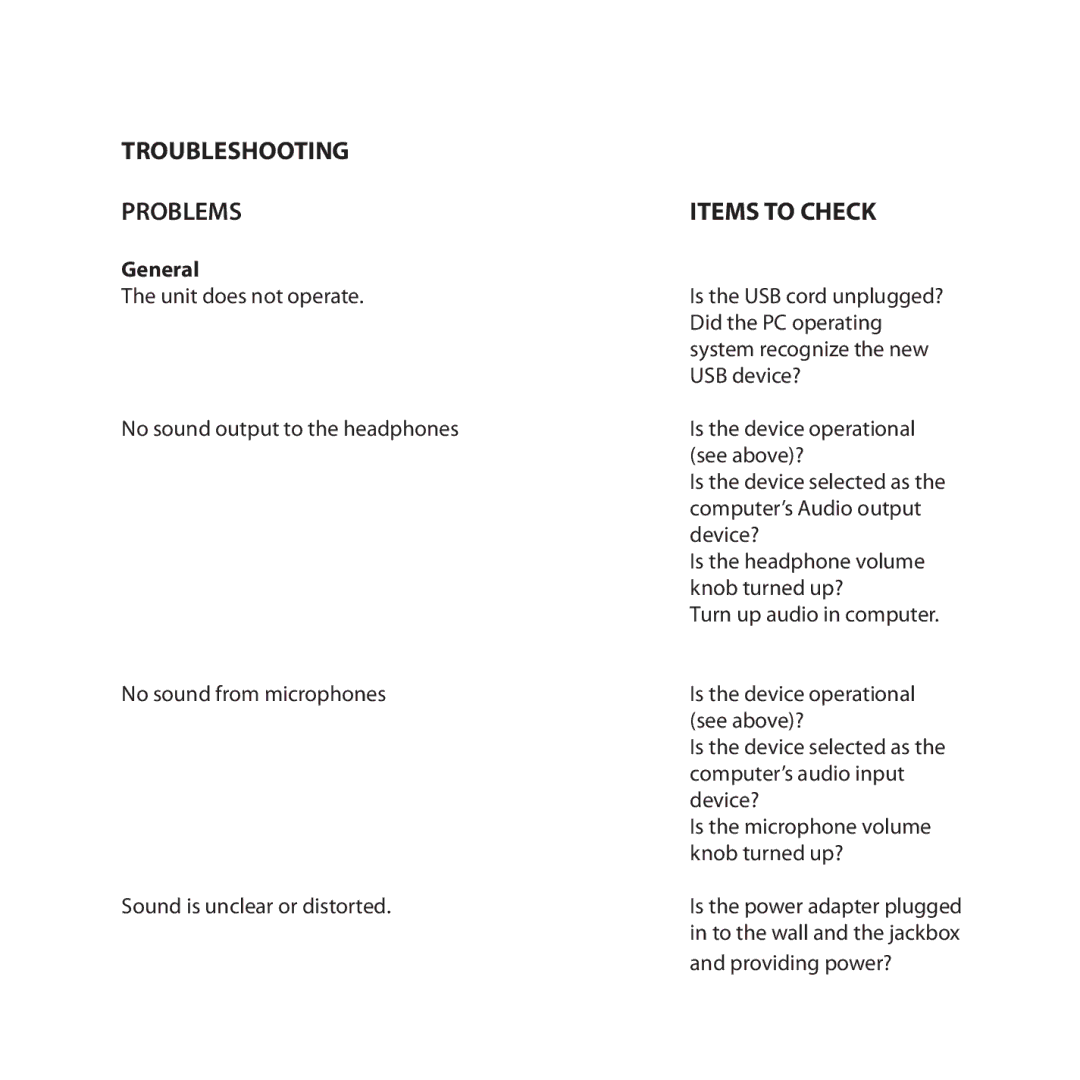 Califone 1216-USB owner manual Troubleshooting Problems, Items to Check 