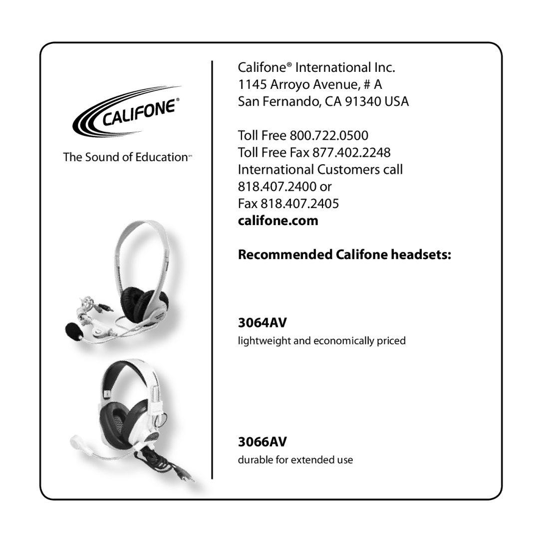 Califone 1216-USB owner manual Recommended Califone headsets 3064AV 