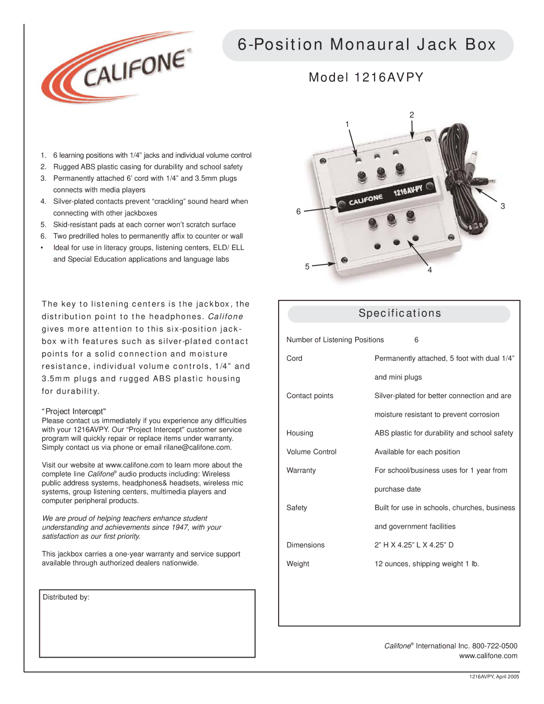 Califone specifications Position Monaural Jack Box, Model 1216AVPY, Specifications, Project Intercept 