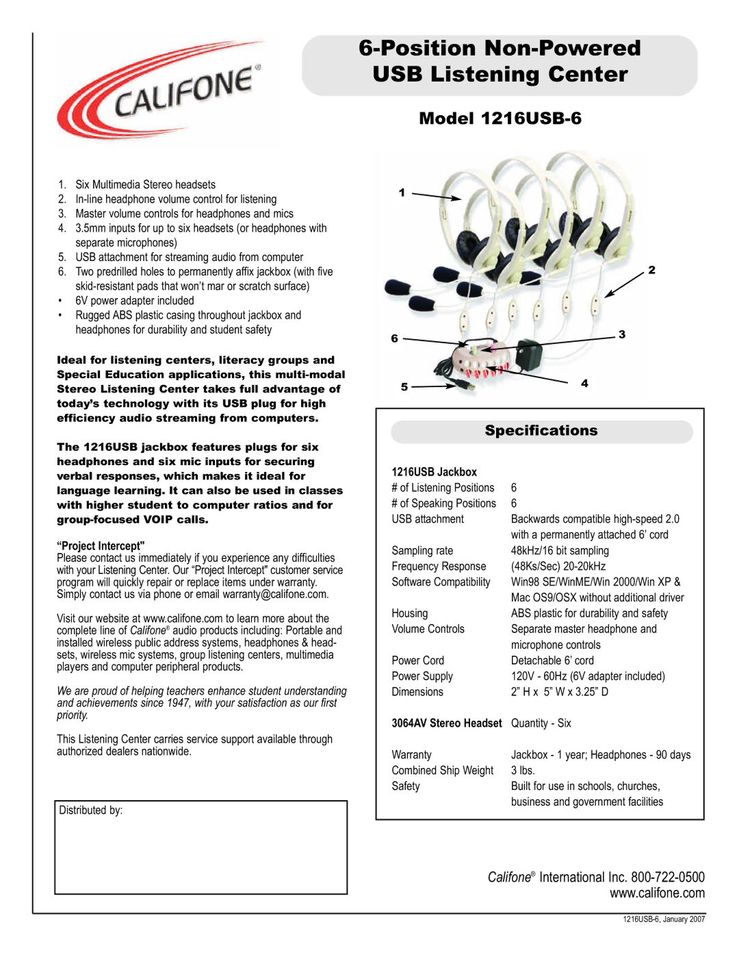 Califone specifications Position Non-Powered USB Listening Center, Model 1216USB-6, Specifications 