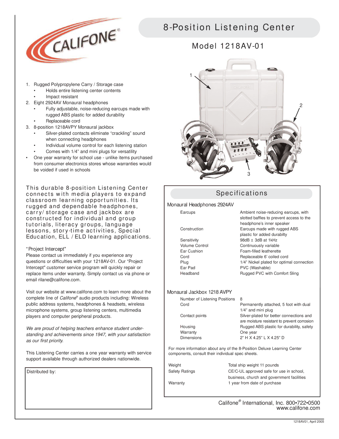 Califone specifications Position Listening Center, Model 1218AV-01, Specifications 