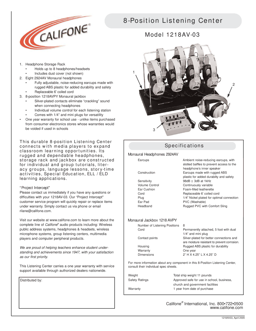 Califone specifications Position Listening Center, Model 1218AV-03, Specifications 