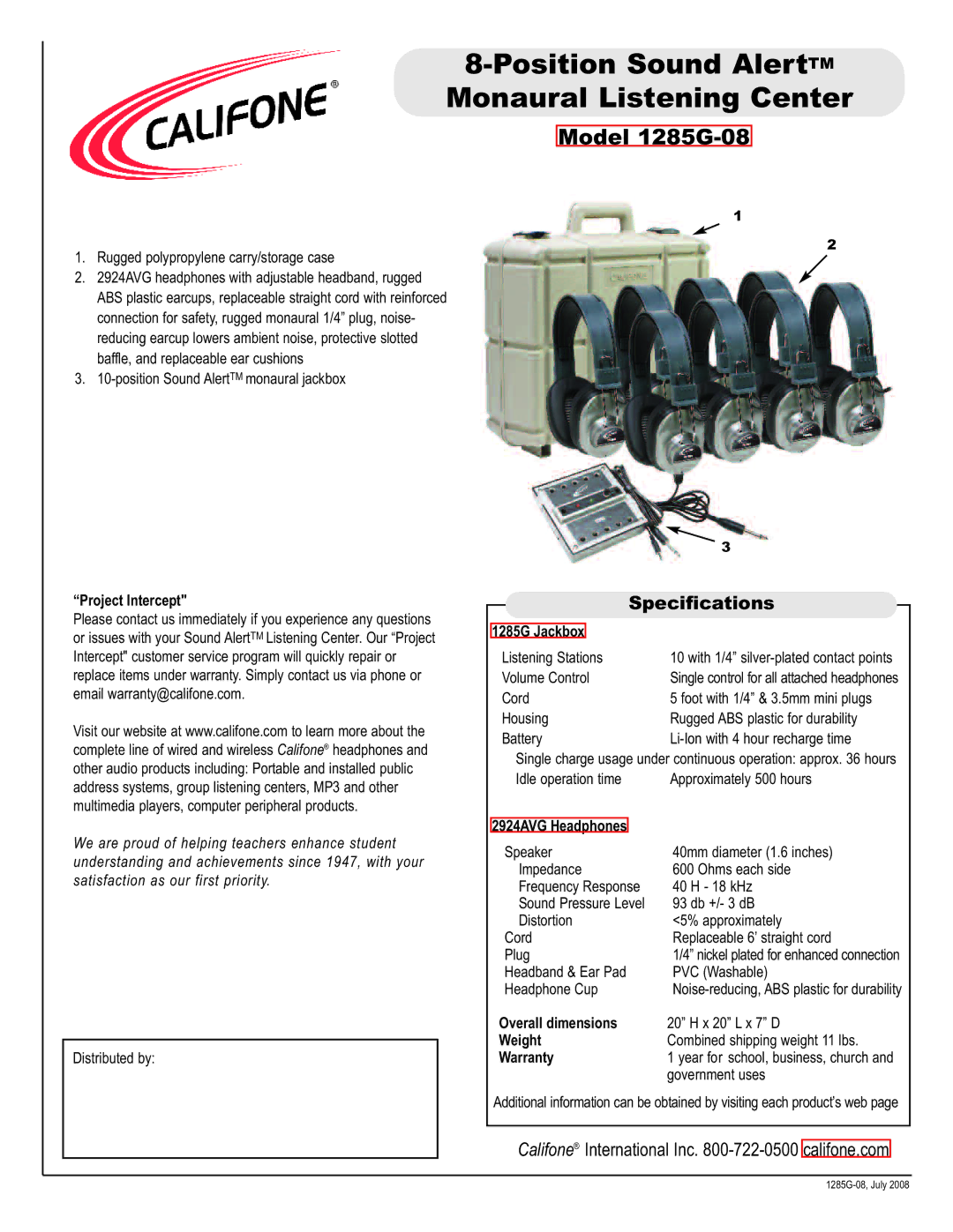 Califone 1285G-08 manual Specifications 