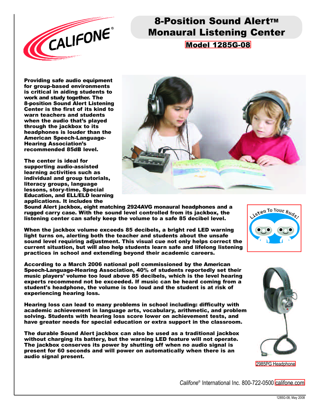 Califone manual PositionSound AlertTM Monaural Listening Center, Model 1285G-08 