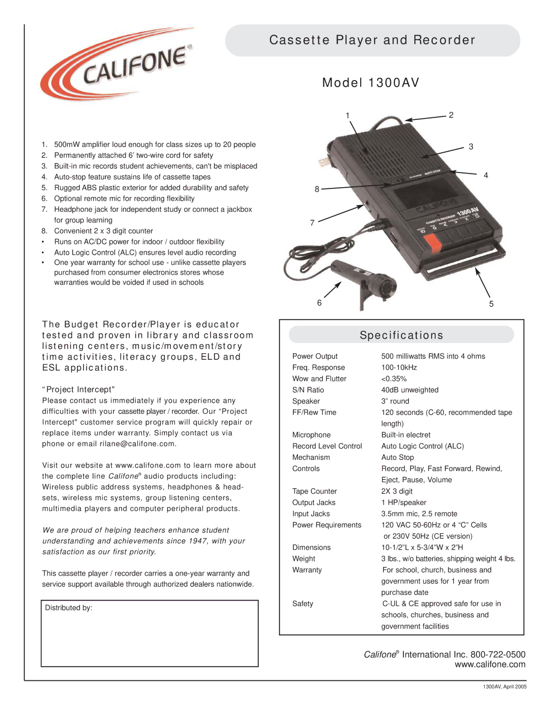 Califone specifications Cassette Player and Recorder Model 1300AV, Specifications 