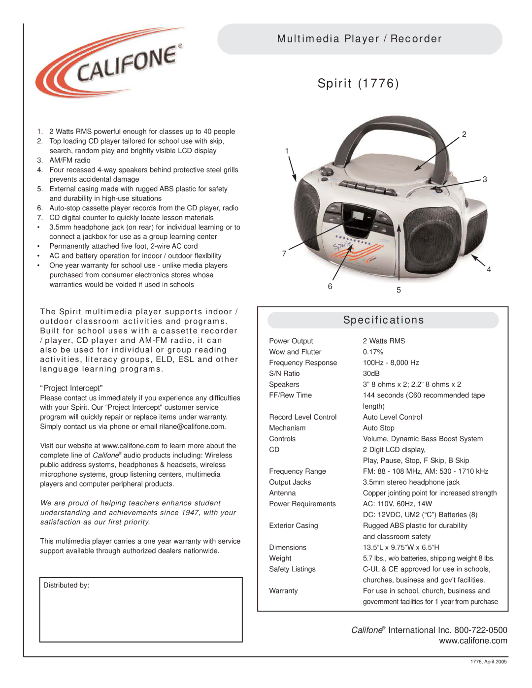 Califone 1776 specifications Spirit, Multimedia Player / Recorder, Specifications, Project Intercept 