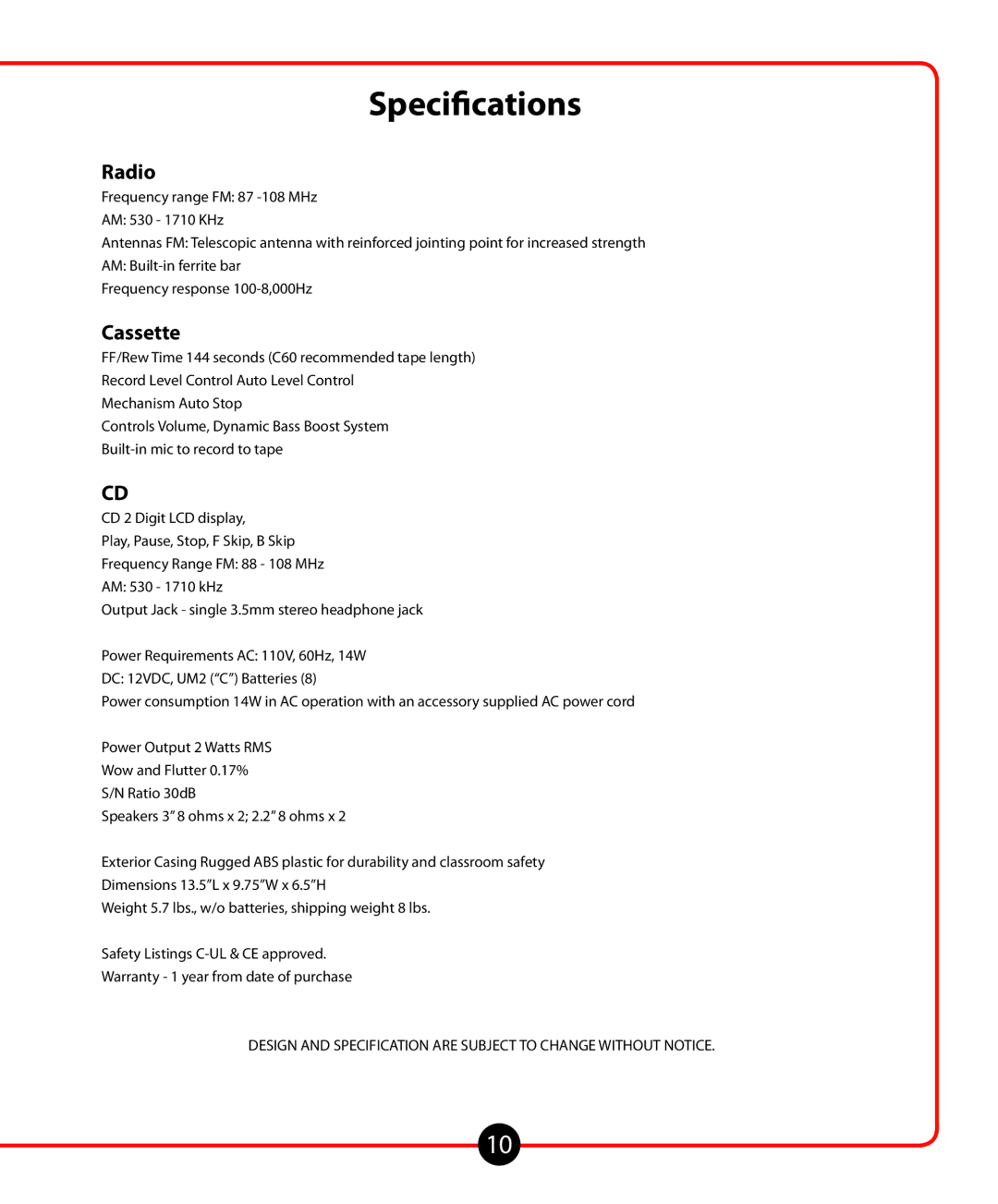 Califone 1776 owner manual Specifications, Radio, Cassette 