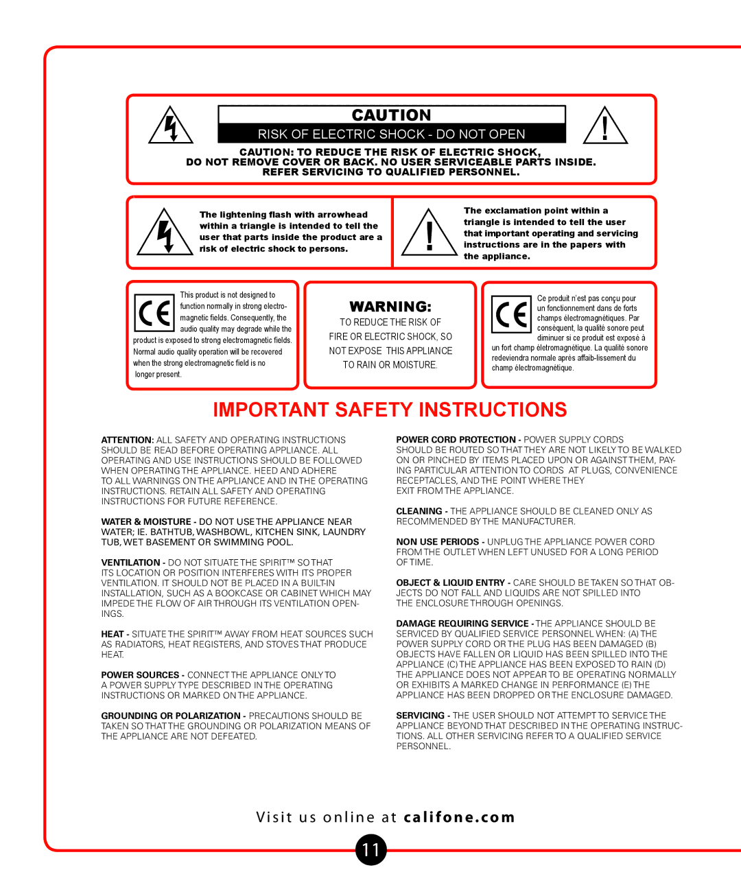 Califone 1776 owner manual Important Safety Instructions 