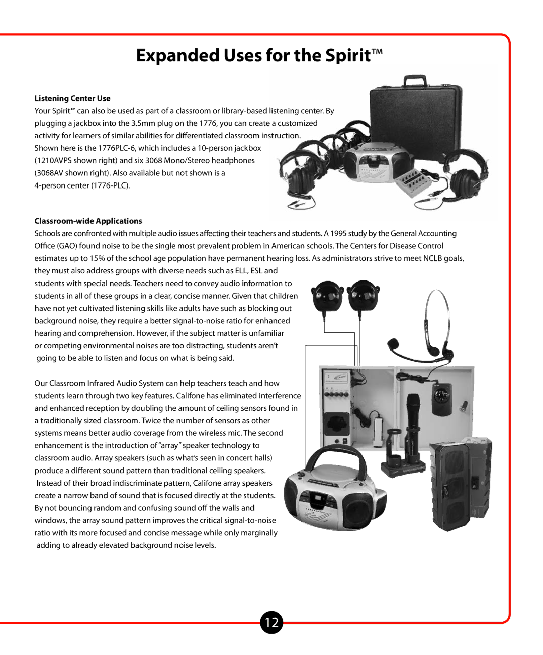 Califone 1776 owner manual Expanded Uses for the Spirit, Listening Center Use, Classroom-wide Applications 