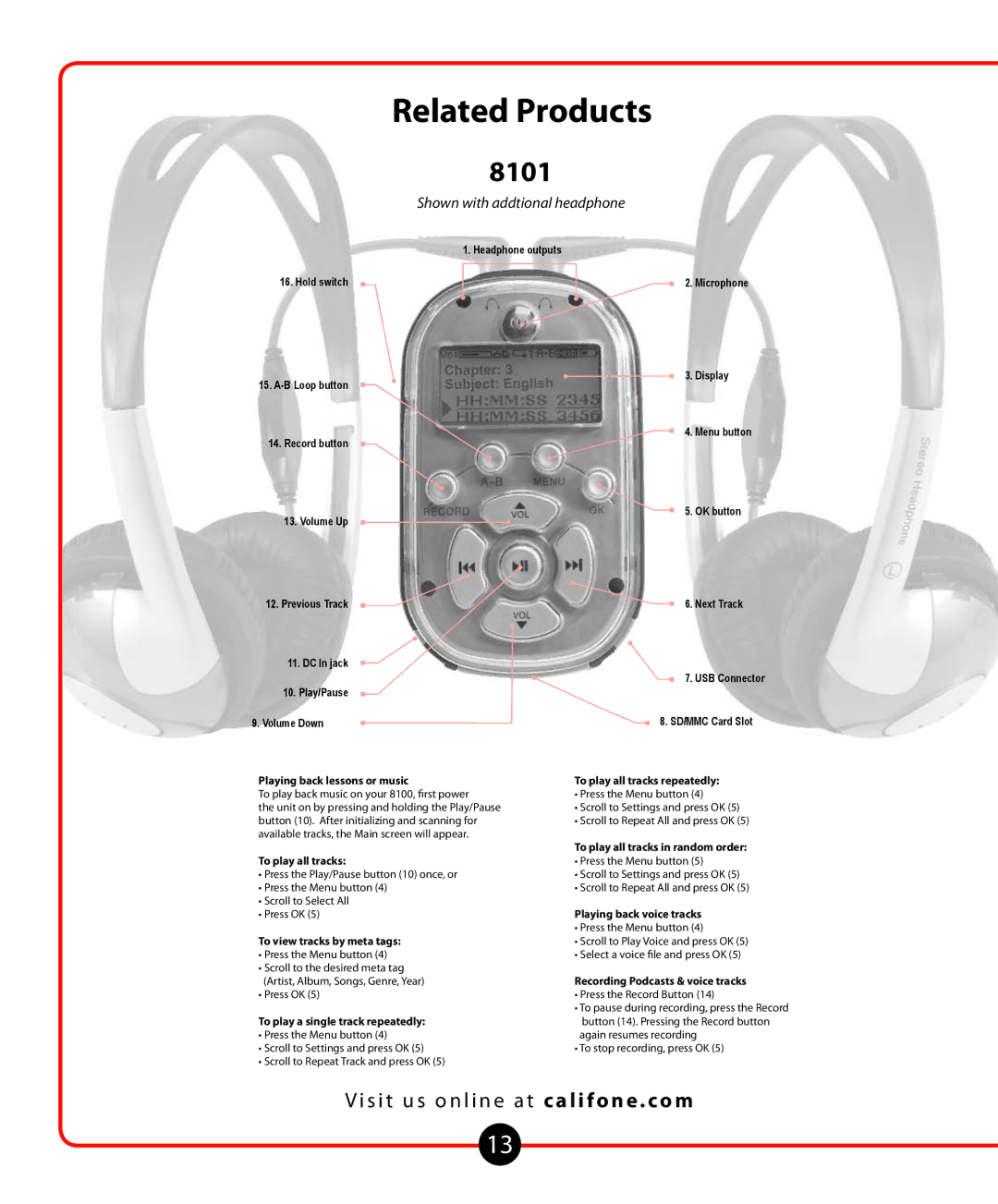 Califone 1776 owner manual Related Products, 8101 