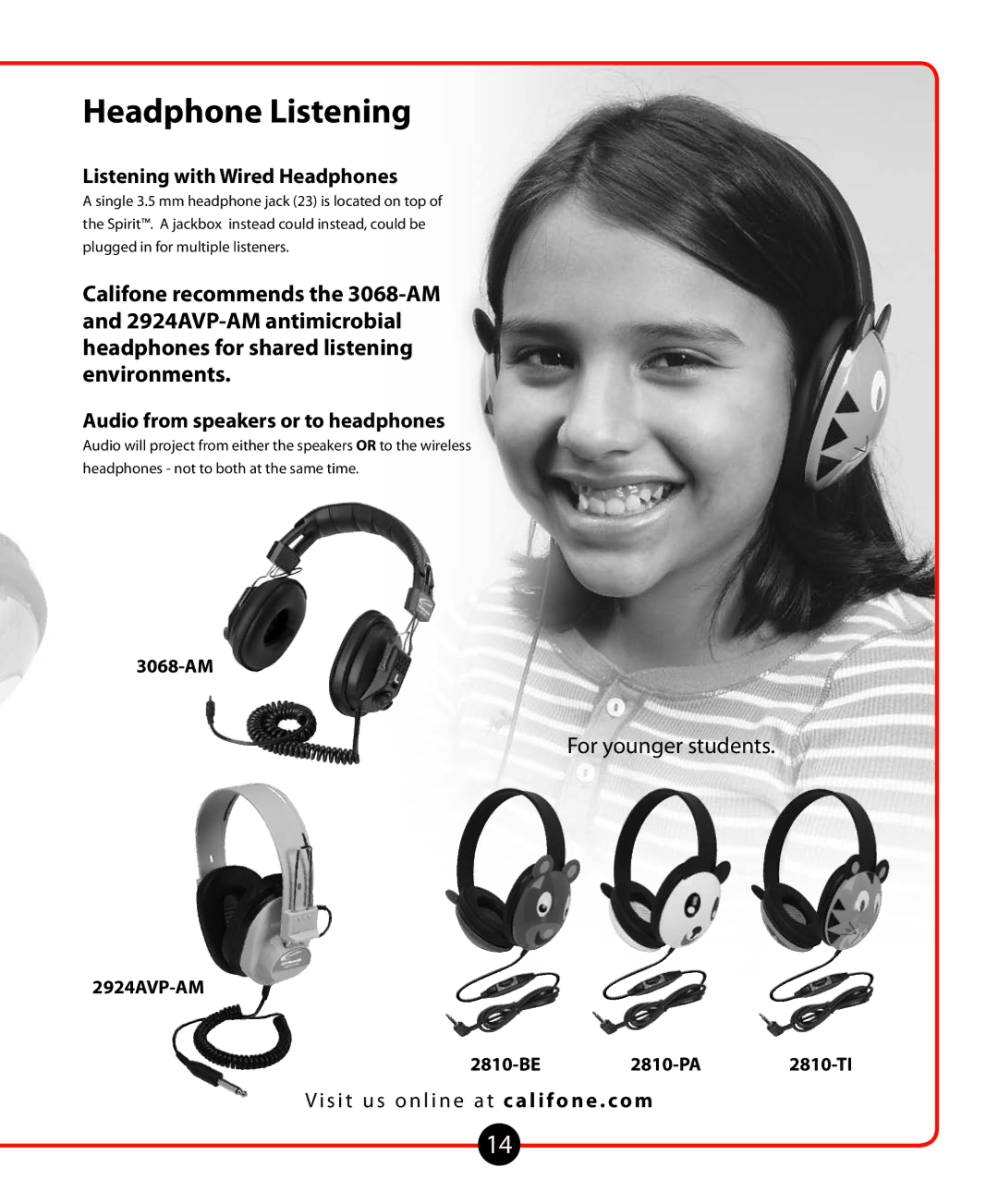 Califone 1776 Headphone Listening, Listening with Wired Headphones, Audio from speakers or to headphones, 3068-AM 