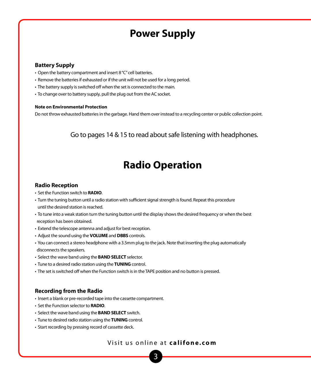 Califone 1776 owner manual Power Supply, Radio Operation, Battery Supply, Radio Reception, Recording from the Radio 