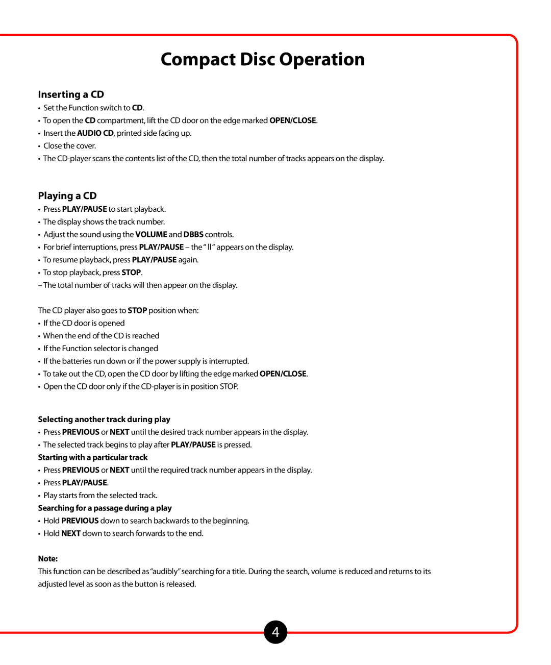 Califone 1776 owner manual Compact Disc Operation, Inserting a CD, Playing a CD 