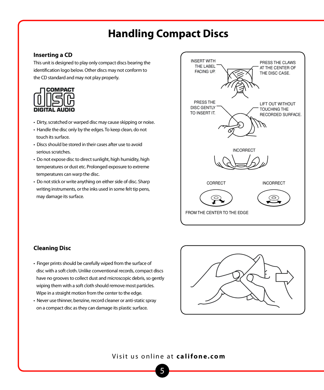 Califone 1776 owner manual Handling Compact Discs, Cleaning Disc 