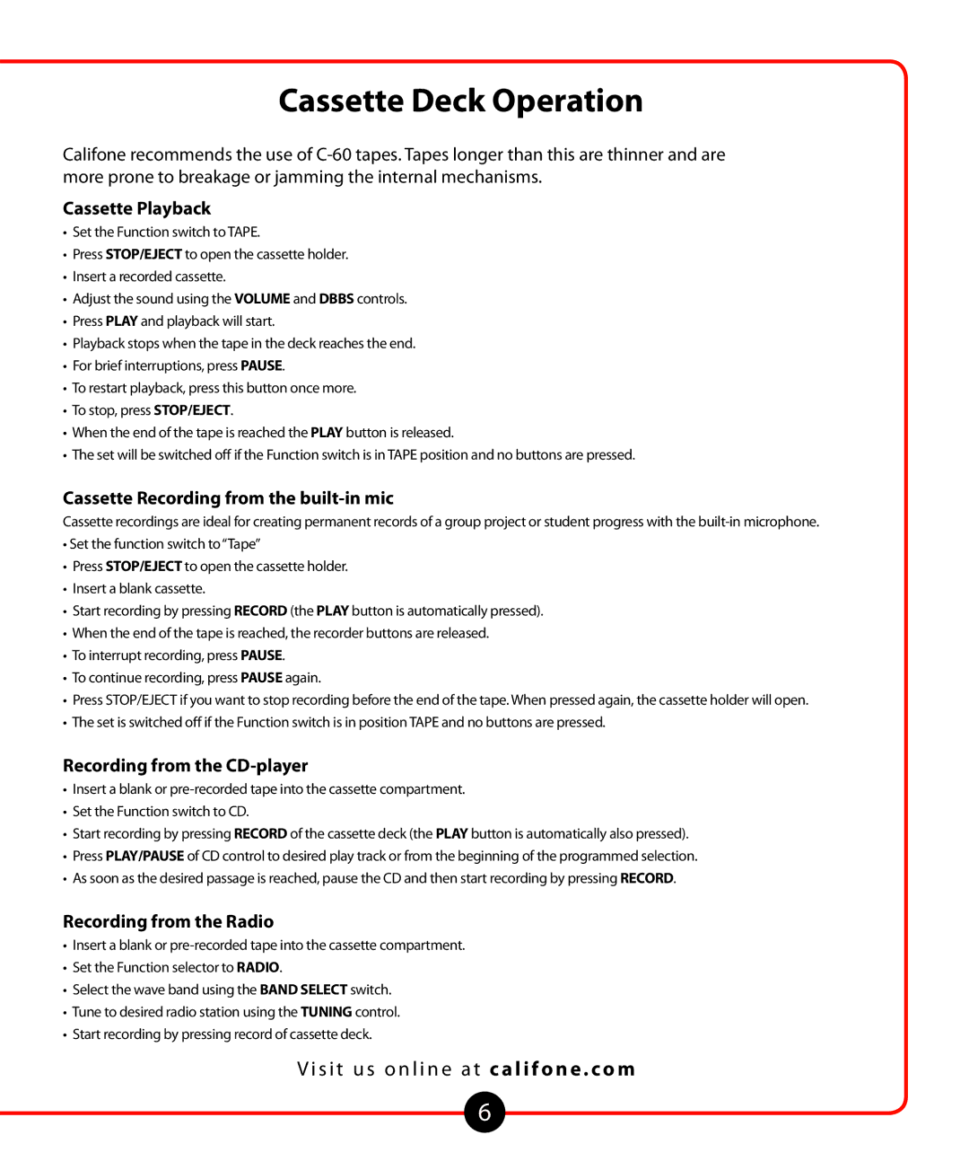 Califone 1776 owner manual Cassette Deck Operation, Cassette Playback, Cassette Recording from the built-in mic 