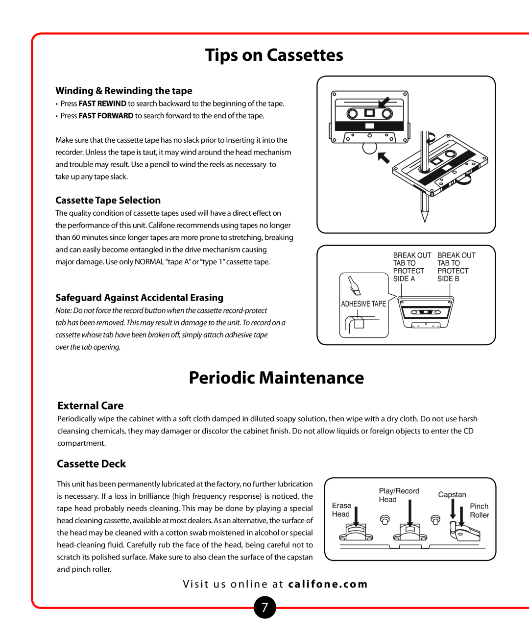 Califone 1776 owner manual Tips on Cassettes, Periodic Maintenance, External Care, Cassette Deck 