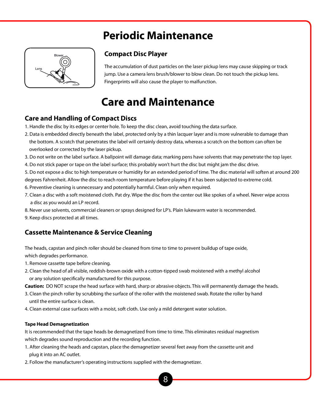 Califone 1776 Care and Maintenance, Compact Disc Player, Care and Handling of Compact Discs, Tape Head Demagnetization 