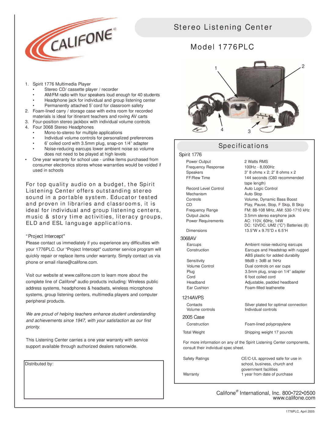 Califone 1776PLC-6 specifications Stereo Listening Center Model 1776PLC, Specifications 