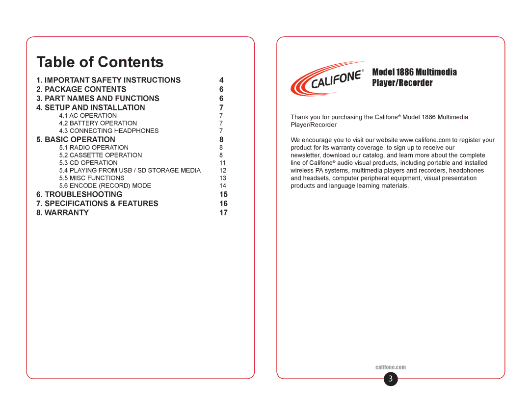 Califone 1886 user manual Table of Contents 