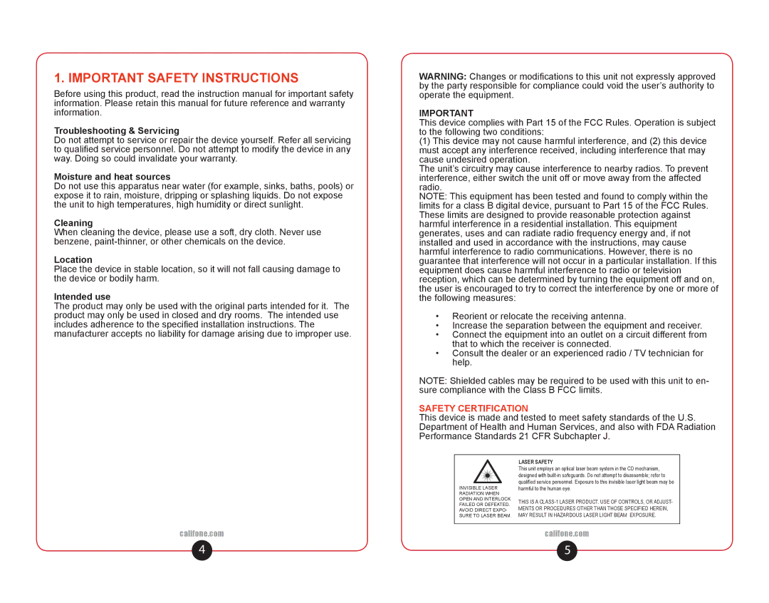 Califone 1886 user manual Important Safety Instructions, Troubleshooting & Servicing 