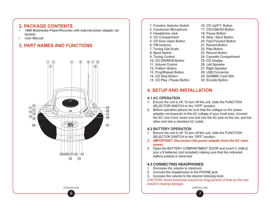 Califone 1886 user manual Package Contents, Part Names and Functions, Setup and Installation 