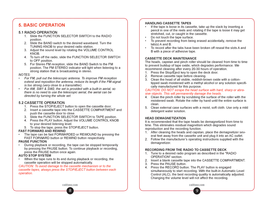 Califone 1886 user manual Basic Operation, Radio Operation, Cassette Operation 