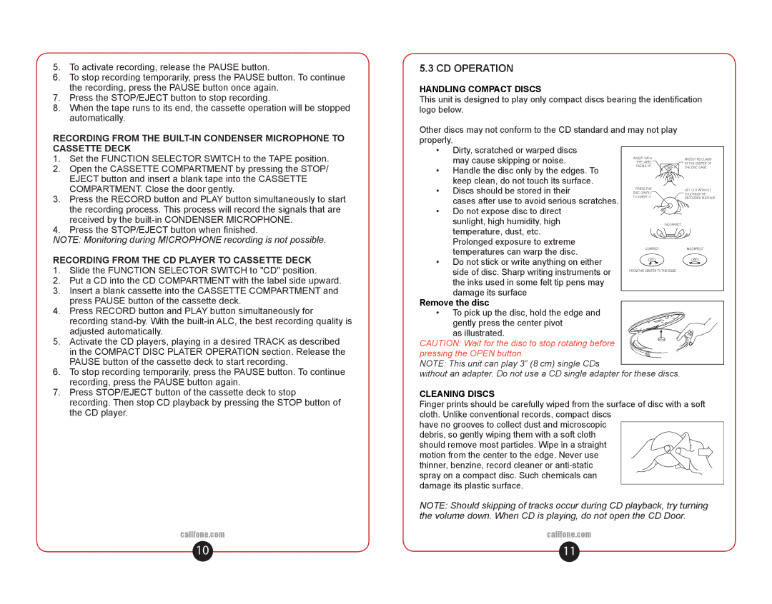 Califone 1886 CD Operation, Recording from the CD Player to Cassette Deck, Handling Compact Discs, Cleaning Discs 