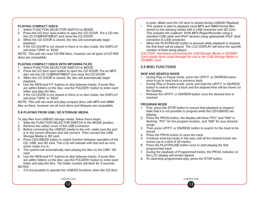 Califone 1886 user manual Misc Functions 