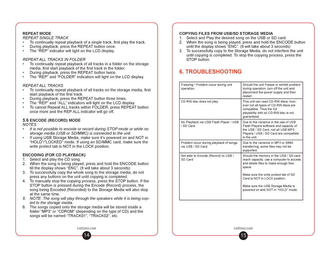 Califone 1886 user manual Troubleshooting, Repeat Mode, Encode Record Mode Notes, Encoding for CD Playback 