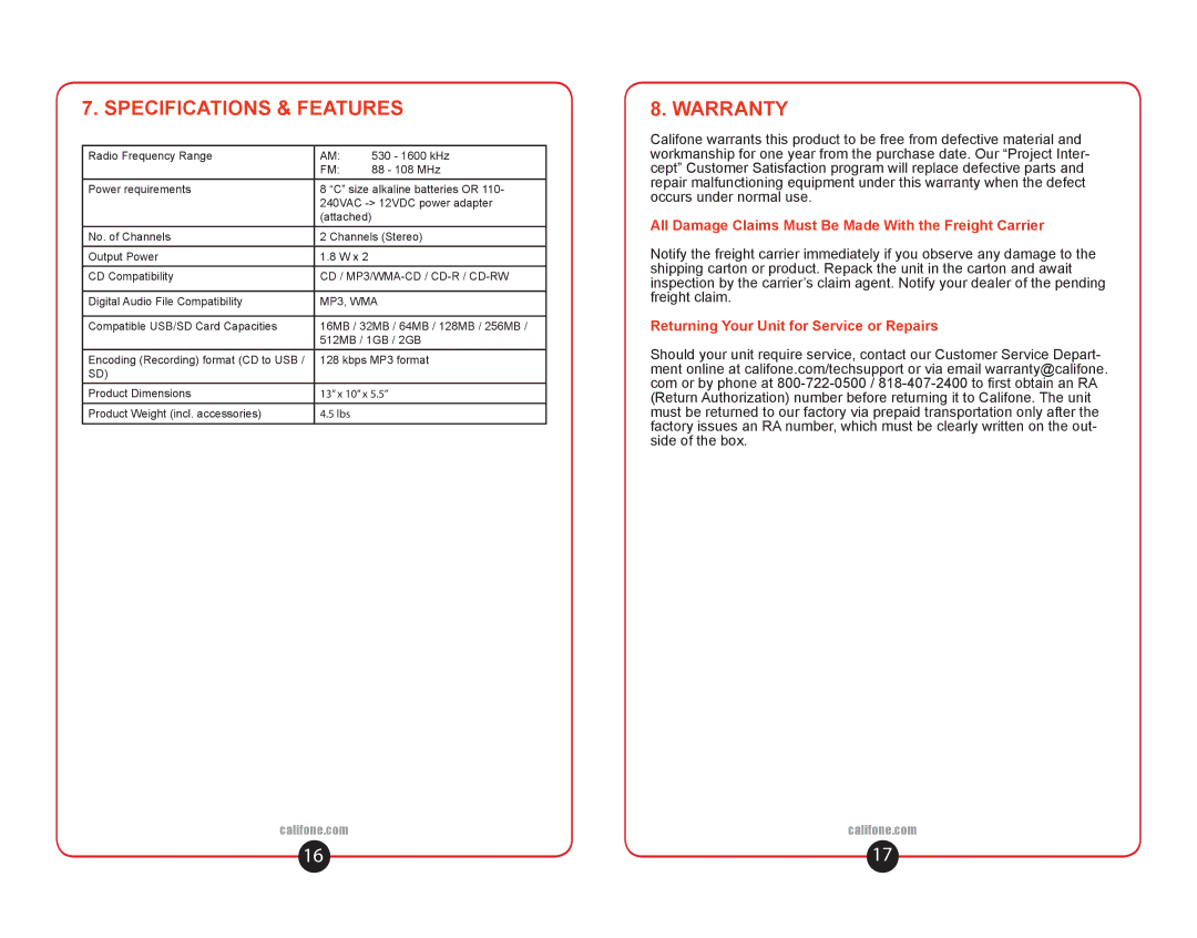 Califone 1886 user manual Specifications & Features, Warranty 