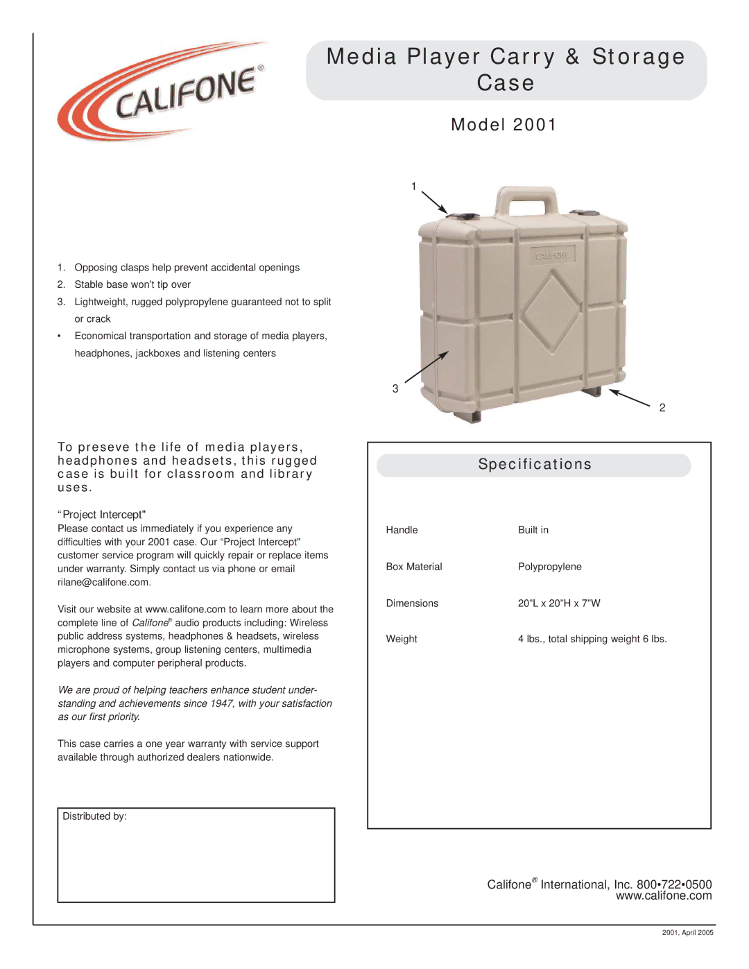 Califone 2001 specifications Media Player Carry & Storage Case, Model, Specifications 