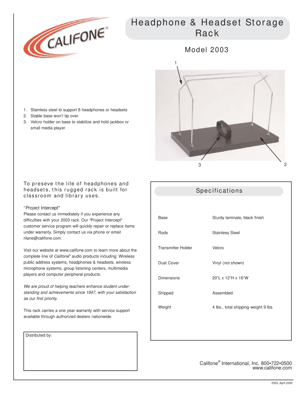 Califone 2003 specifications Headphone & Headset Storage Rack, Model, Specifications 