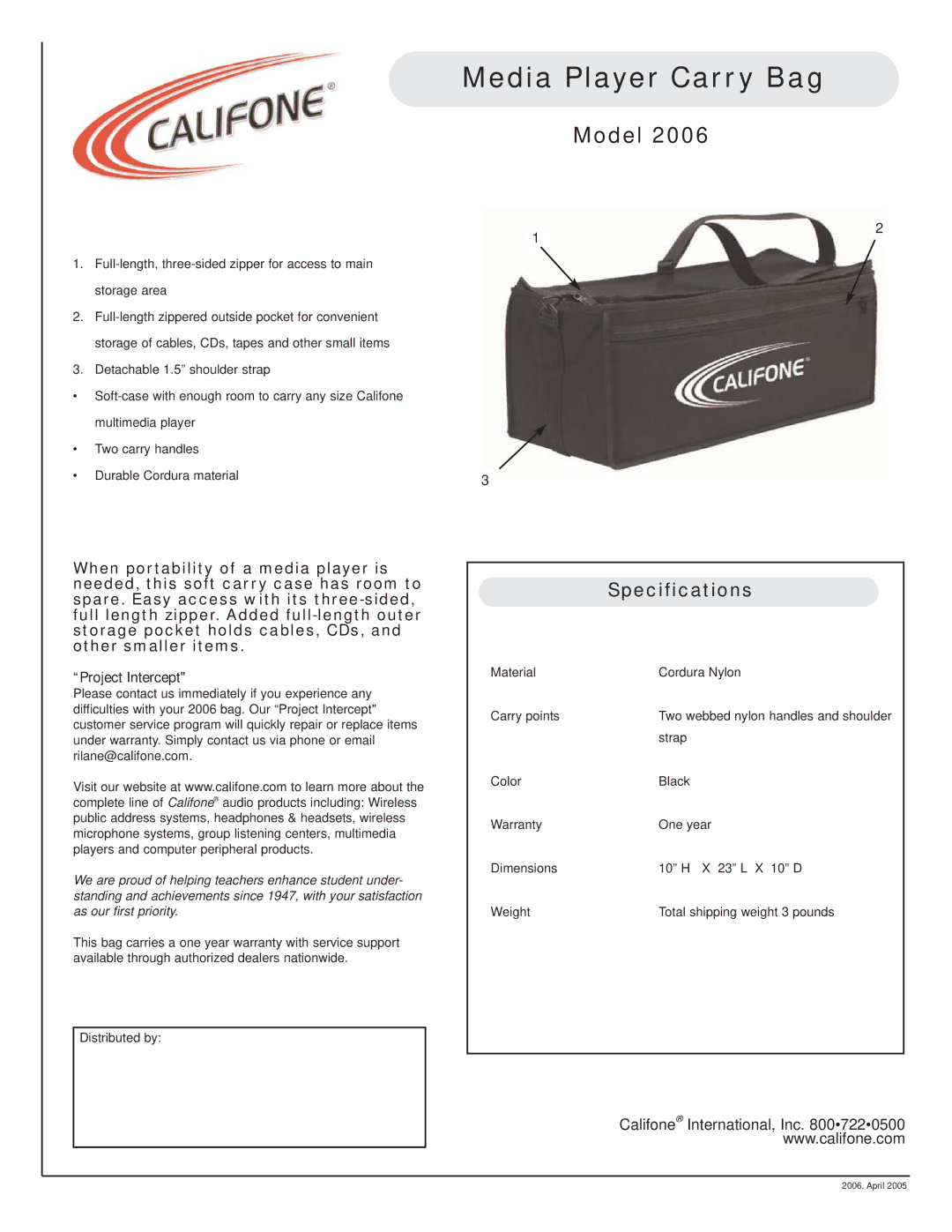 Califone 2006 specifications Media Player Carry Bag, Model, Specifications 