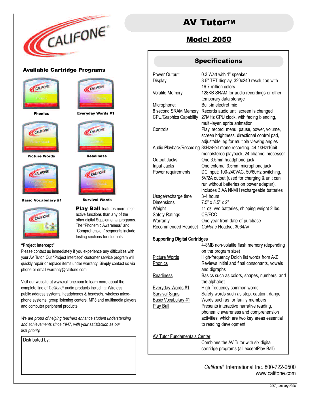 Califone 2050 Specifications, Available Cartridge Programs, Warranty One year from date of purchase Recommended Headset 