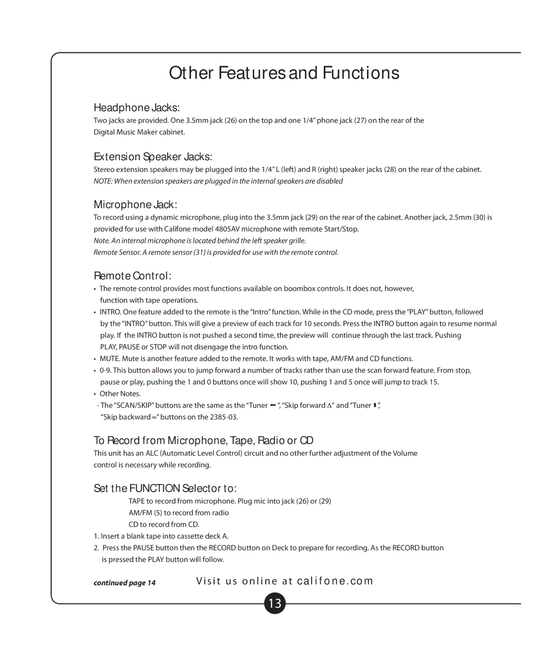 Califone 2385-03 owner manual Other Features and Functions 